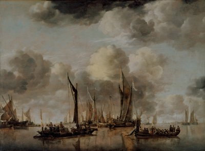 A Dutch Yacht Firing a Salute as a Barge Pulls Away by Jan van de Capelle or Cappelle